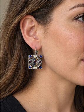Firefly Mosaic Square Earrings Multicolor Crystal Bead Silver Tone Leverback